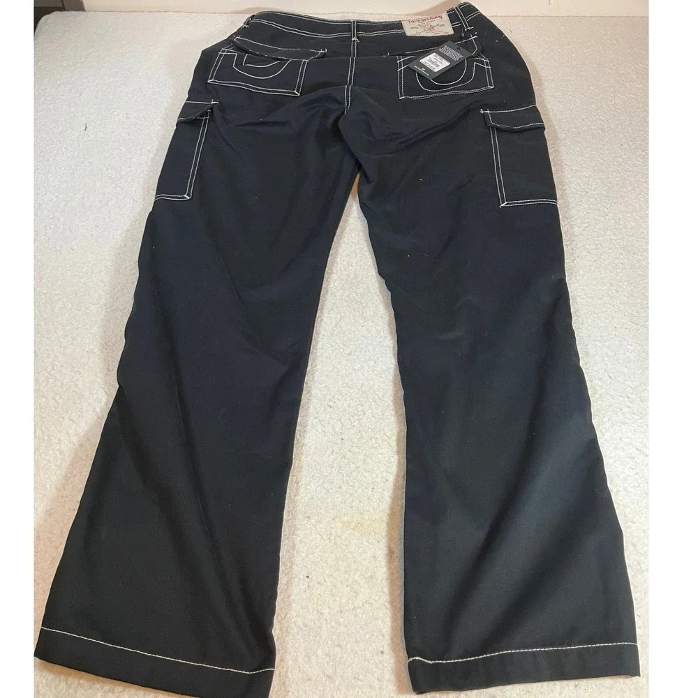 True Religion Mens Cargo Pants Black White Contrast Stitch Straight Leg Size 34